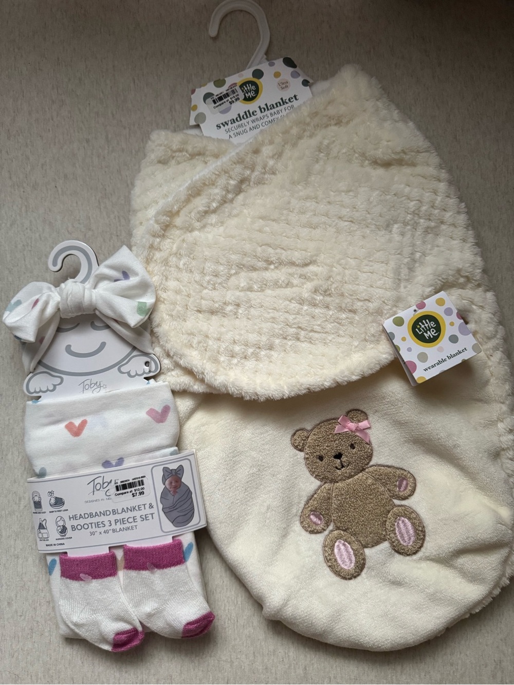 NWT Swaddle Bundle 0-3 Little Me Cream Teddy Swaddle + Newborn First Look Set